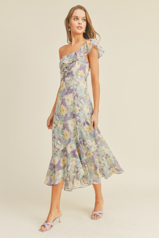 Blue Printed One Shoulder Midi Dress