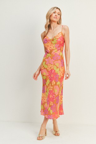 Cowl Neck Printed Midi Dress -Lace up tie back