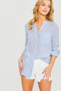Striped Collar Roll Up Sleeve Blouse