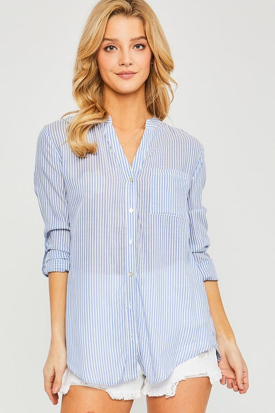 Striped Collar Roll Up Sleeve Blouse