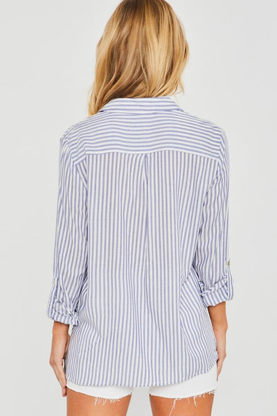 Striped Roll Up Sleeve Button Down Blouse Shirt