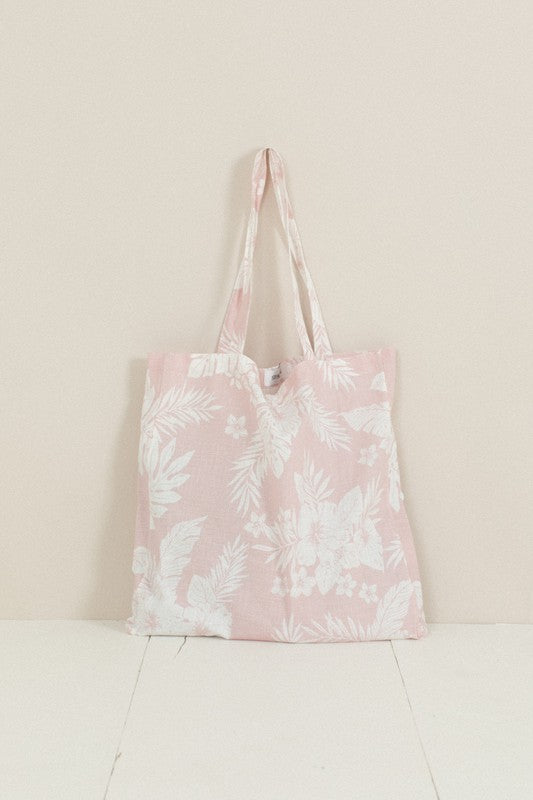 Pink Hawaiian Floral Linen Tote Bag