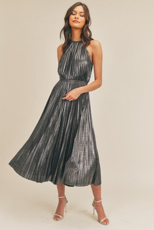 Gunmetal Metallic Pleated Dress
