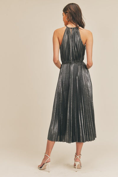 Gunmetal Metallic Pleated Dress