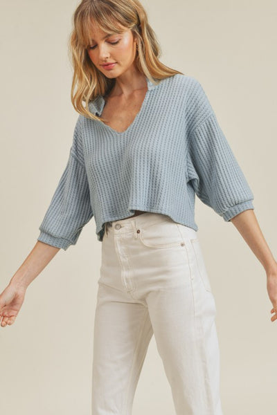 Knit Top -3/4 sleeve -V neckline Semi Crop