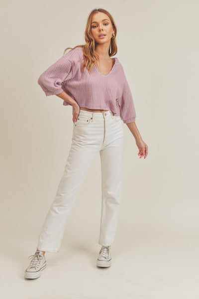 Knit Top -3/4 sleeve -V neckline Semi Crop