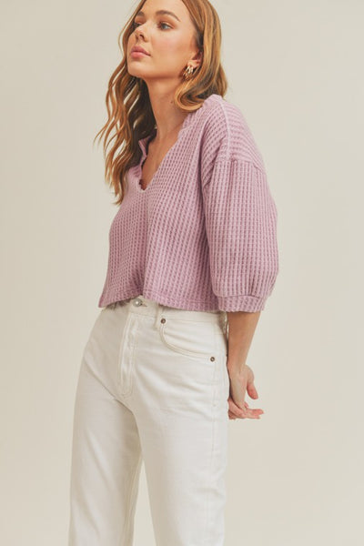 Knit Top -3/4 sleeve -V neckline Semi Crop