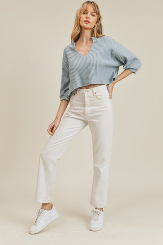 Knit Top -3/4 sleeve -V neckline Semi Crop