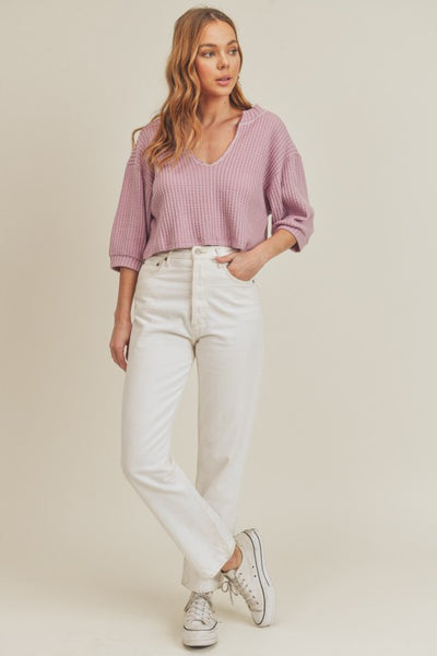 Knit Top -3/4 sleeve -V neckline Semi Crop