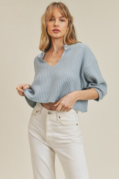 Knit Top -3/4 sleeve -V neckline Semi Crop