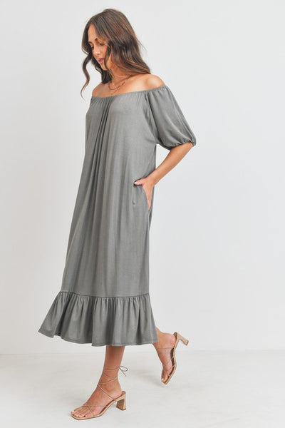 Off Shoulder Side Pocket Jersey Knit Dress