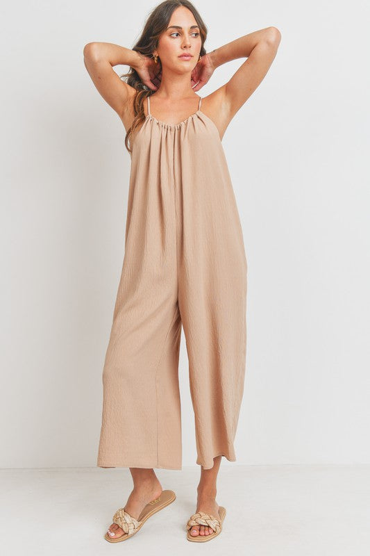 Drawstring Neck Adjustable Strap Woven Jumpsuit