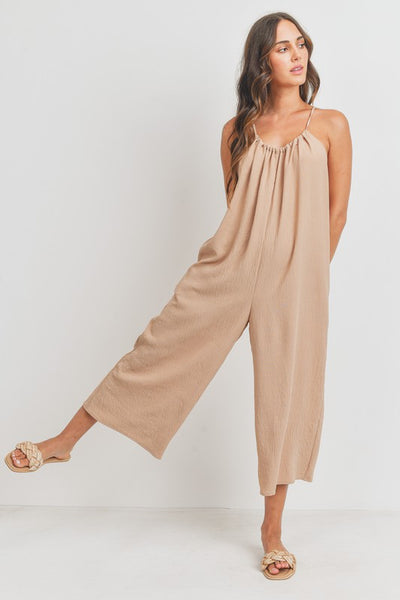Drawstring Neck Adjustable Strap Woven Jumpsuit