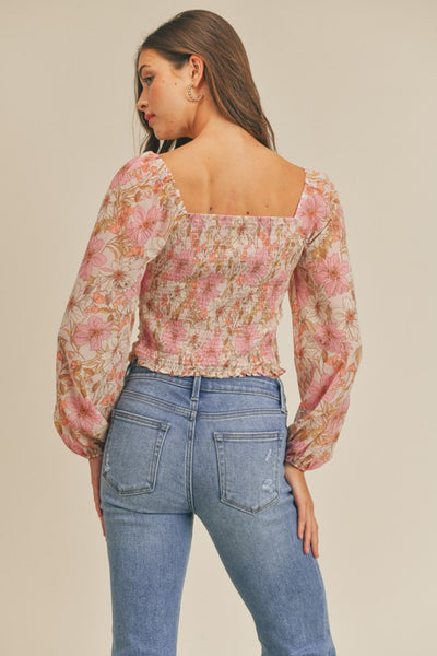 Ruched Floral Print Top -Square neckline