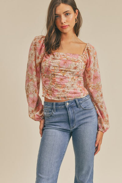 Ruched Floral Print Top -Square neckline