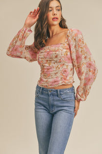 Ruched Floral Print Top -Square neckline