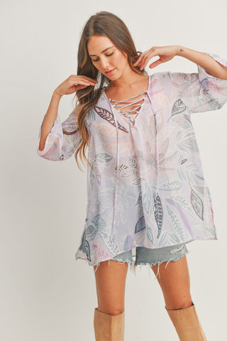 Long Sleeves Lace Up at Neck Printed Woven Top
