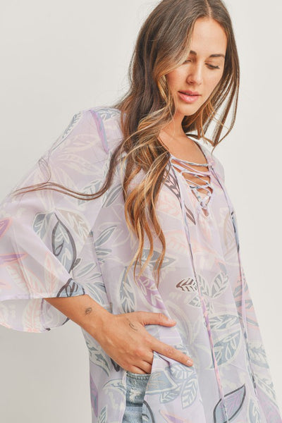 Long Sleeves Lace Up at Neck Printed Woven Top