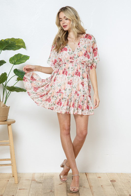 V Neck Floral Print Mini Dress