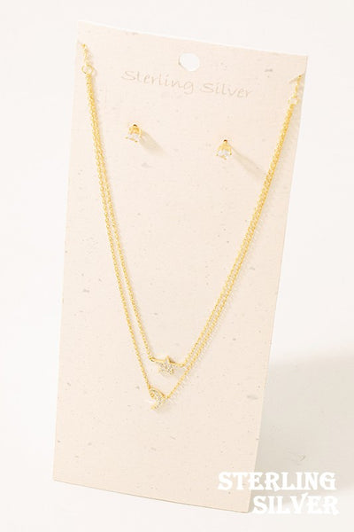 Sterling Silver Stud & Layered Star-Moon Charm Necklace