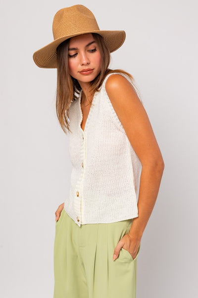 Button Front Sleeveless Sweater Top