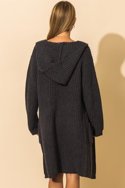 Long Line Hooded Knit Sweater...